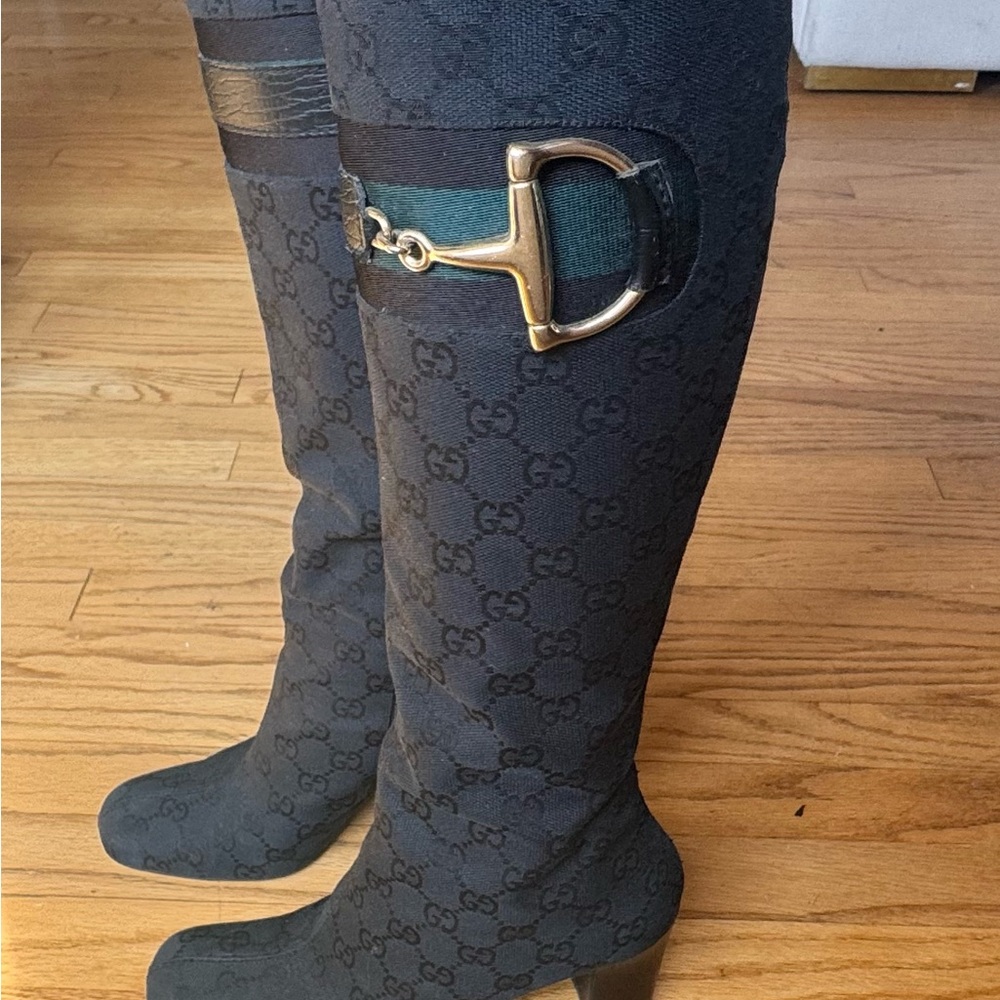 Gucci Black GG Canvas Over-the-Knee Boots with Green-Red Web and Gold Hardware